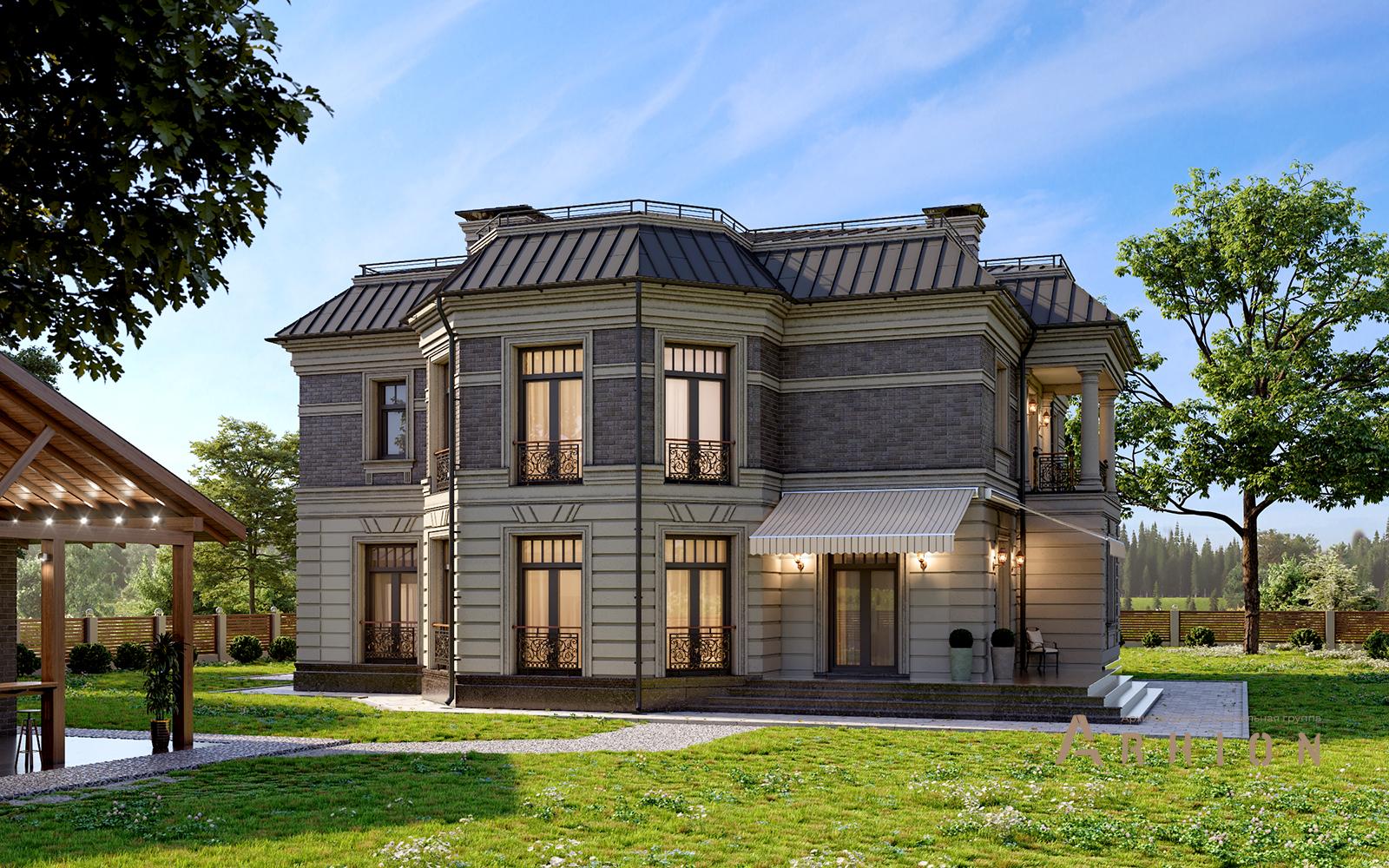 8. Проект двухэтажного дома в современном классическом стиле с многоскатной кровлей, av-345, площадью - 377 кв c балконом, эркером