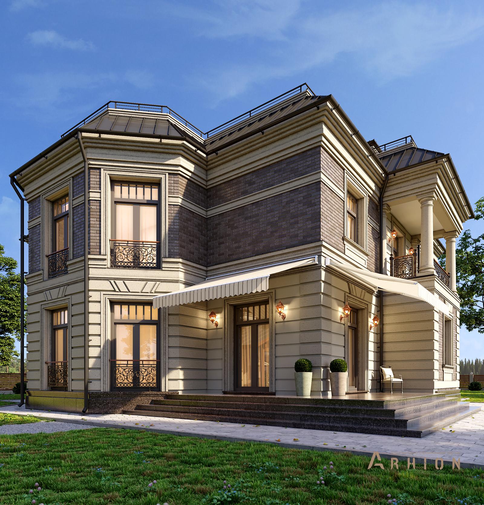 4. Проект двухэтажного дома в современном классическом стиле с многоскатной кровлей, av-345, площадью - 377 кв c балконом, эркером