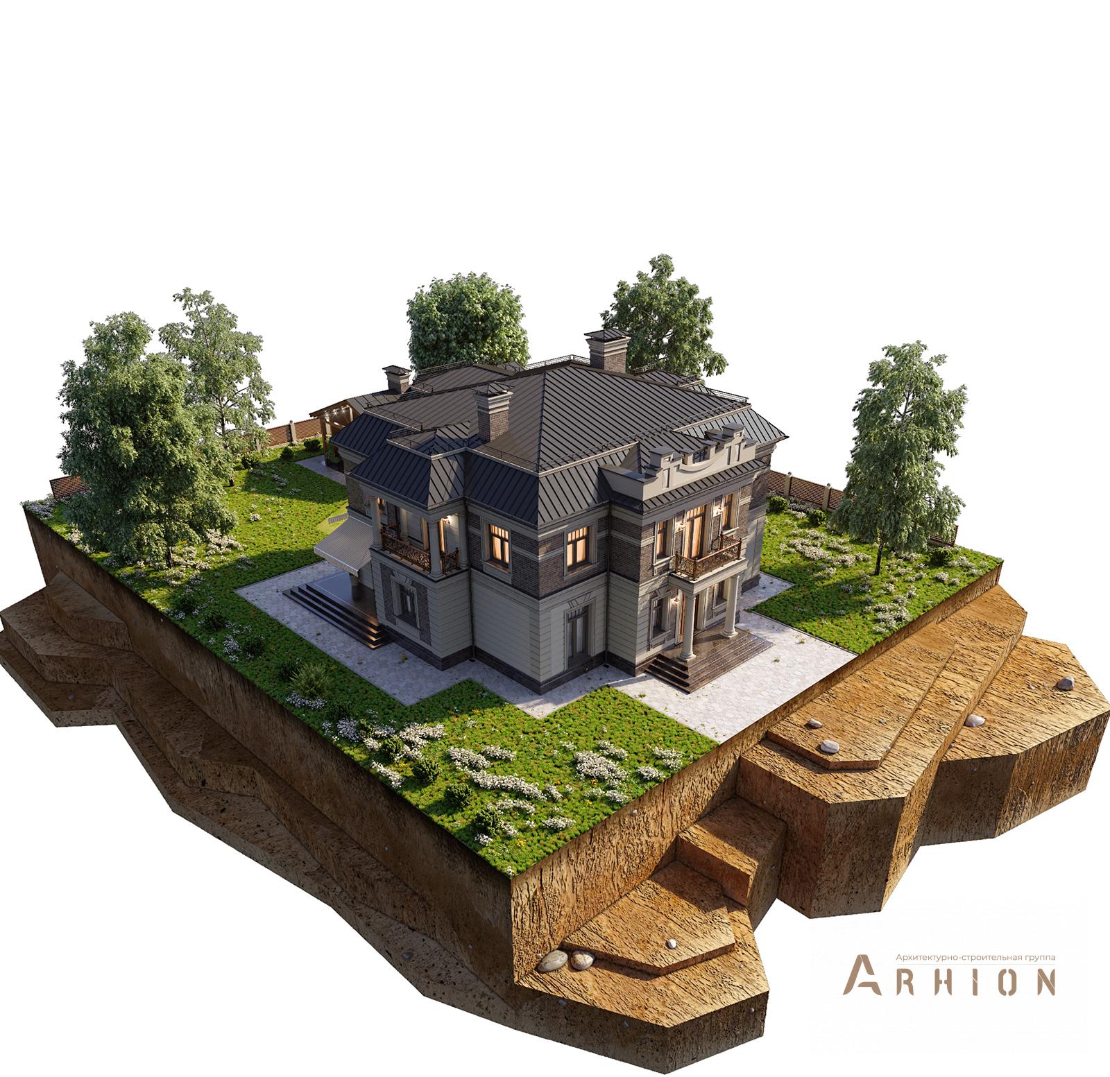 6. Проект двухэтажного дома в современном классическом стиле с многоскатной кровлей, av-345, площадью - 377 кв c балконом, эркером