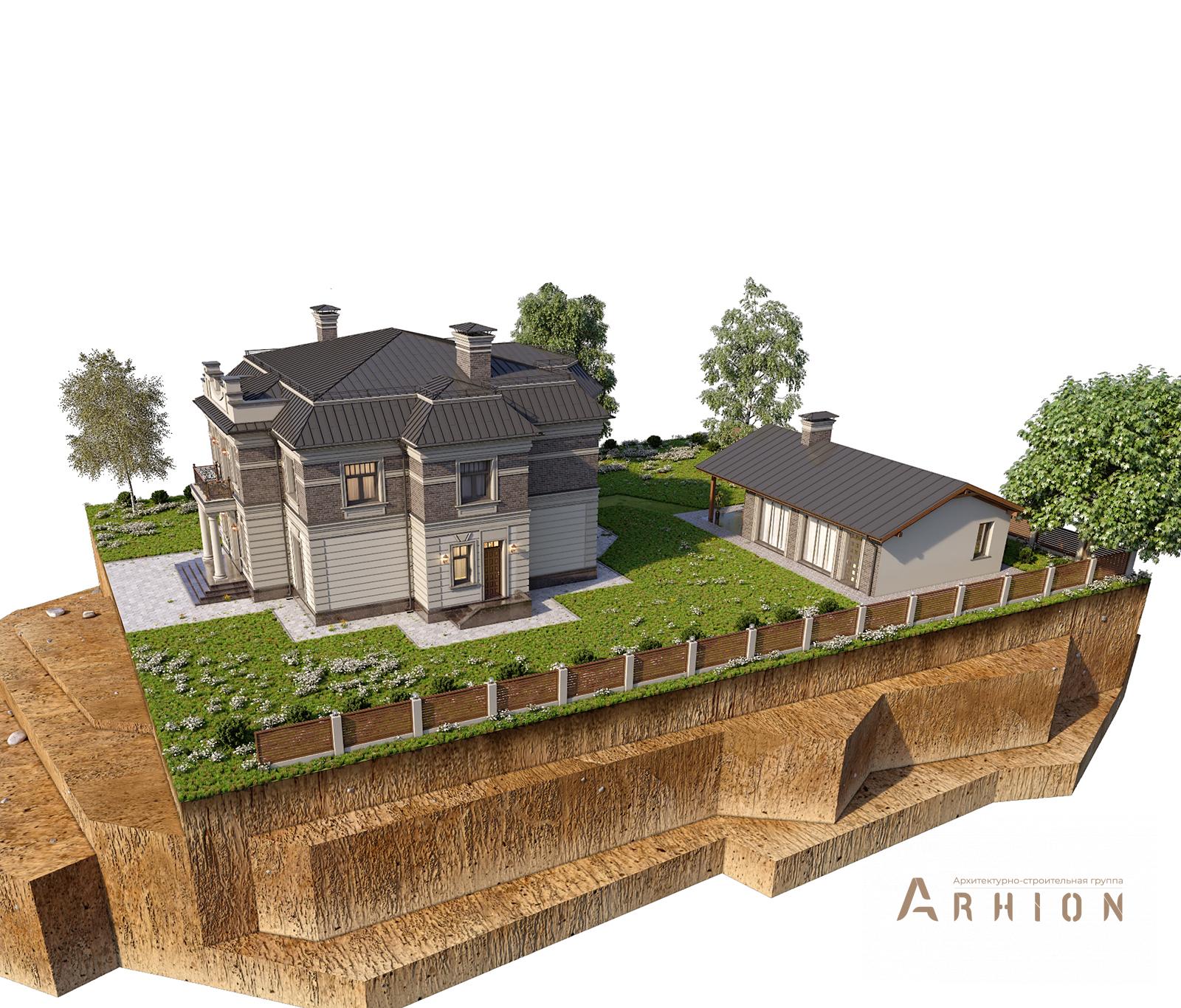 7. Проект двухэтажного дома в современном классическом стиле с многоскатной кровлей, av-345, площадью - 377 кв c балконом, эркером