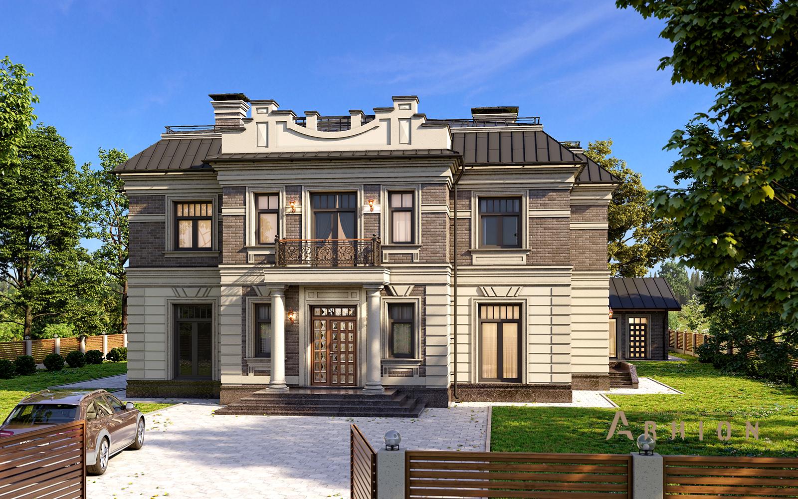 1. Проект двухэтажного дома в современном классическом стиле с многоскатной кровлей, av-345, площадью - 377 кв c балконом, эркером