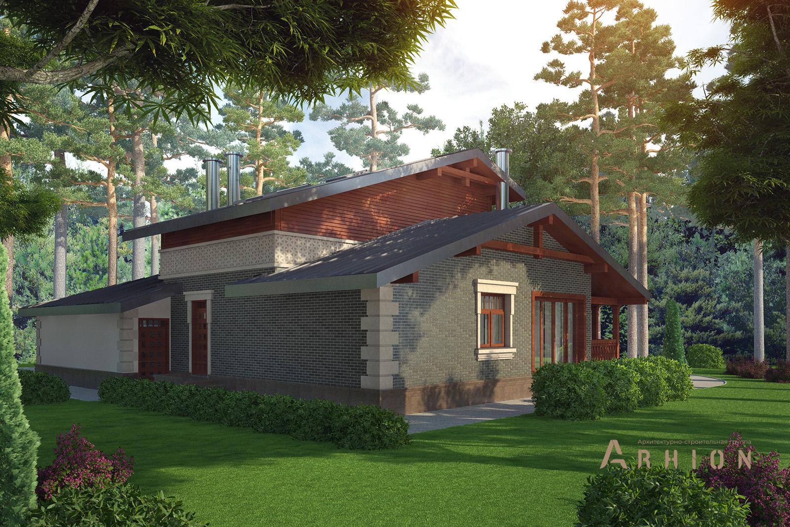 2. Проект одноэтажного дома в стиле шале с двускатной кровлей, av-350, площадью - 230 кв c мансардой, сауной, терассой, балконом, гаражом