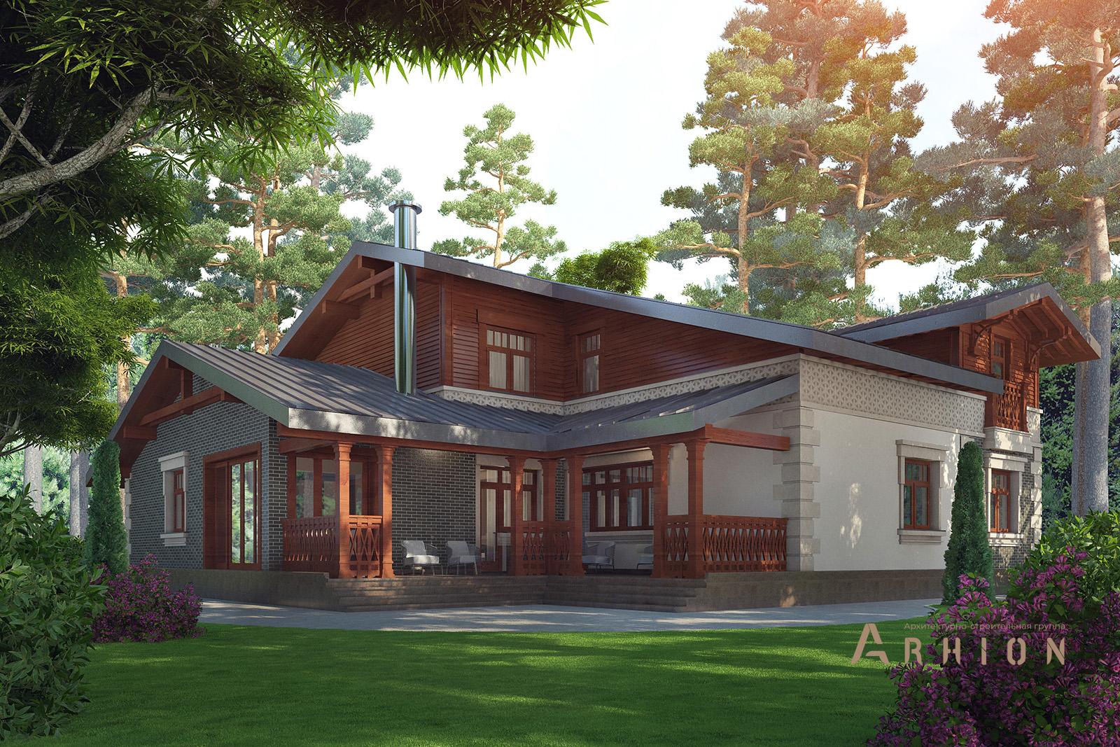 3. Проект одноэтажного дома в стиле шале с двускатной кровлей, av-350, площадью - 230 кв c мансардой, сауной, терассой, балконом, гаражом