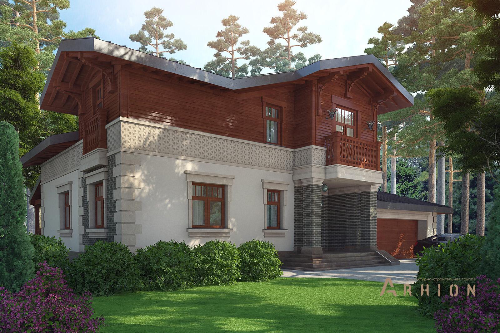 4. Проект одноэтажного дома в стиле шале с двускатной кровлей, av-350, площадью - 230 кв c мансардой, сауной, терассой, балконом, гаражом