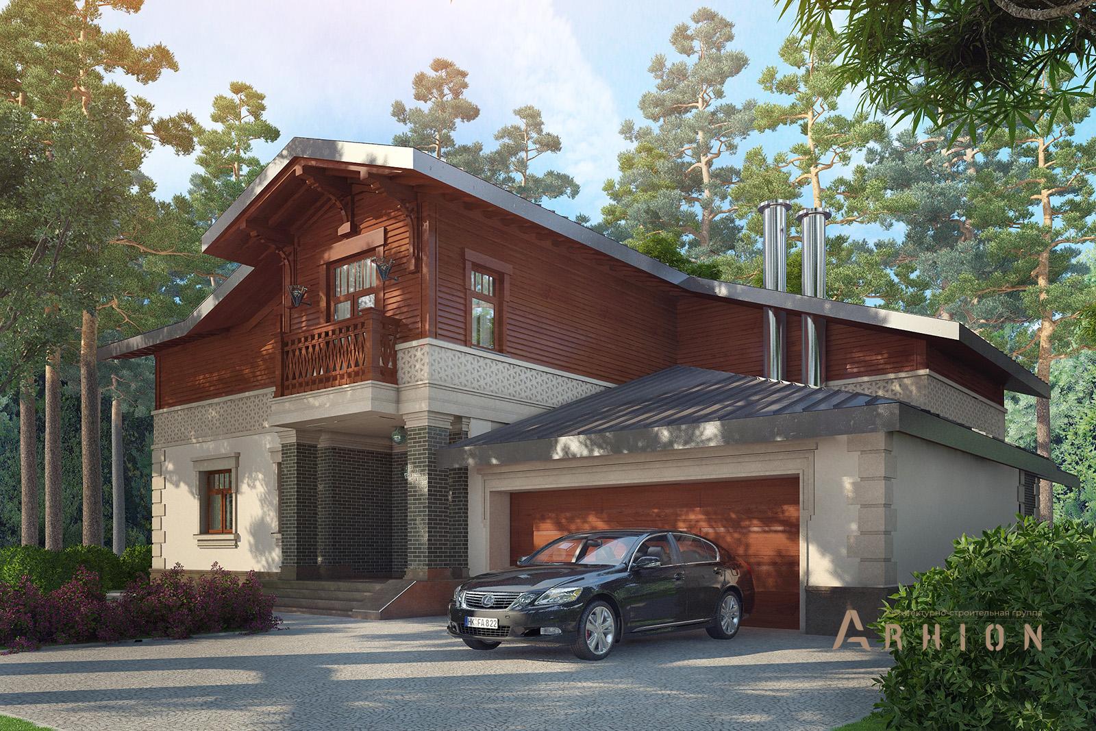 1. Проект одноэтажного дома в стиле шале с двускатной кровлей, av-350, площадью - 230 кв c мансардой, сауной, терассой, балконом, гаражом