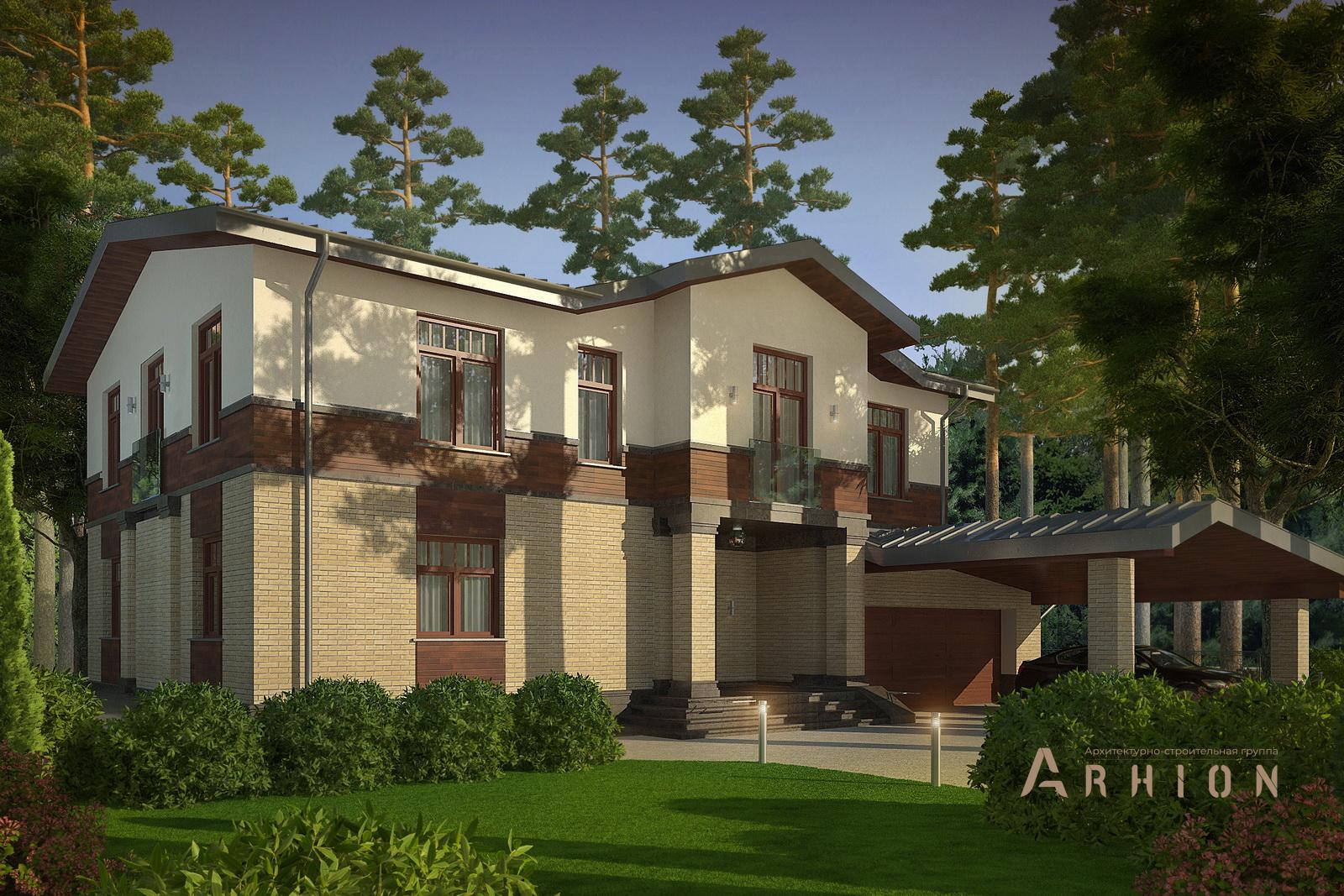 1. Проект двухэтажного дома в скандинавском стиле с многоскатной кровлей, av-385, площадью - 385 кв c терассой, балконом, гаражом