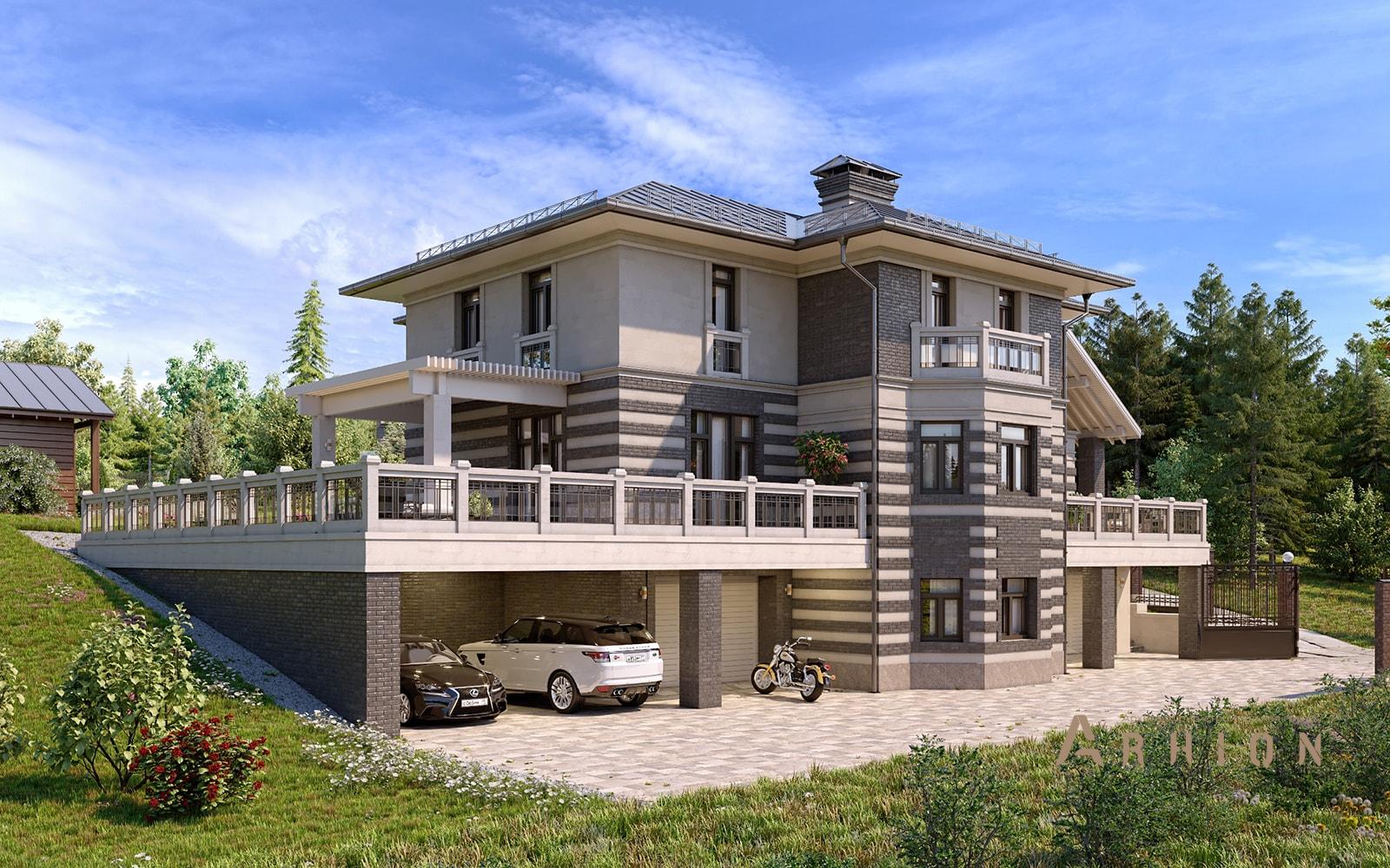 1. Проект двухэтажного дома в современном стиле с многоскатной кровлей, av-500, площадью - 500 кв c цокольным этажом, терассой, балконом, гаражом, эркером