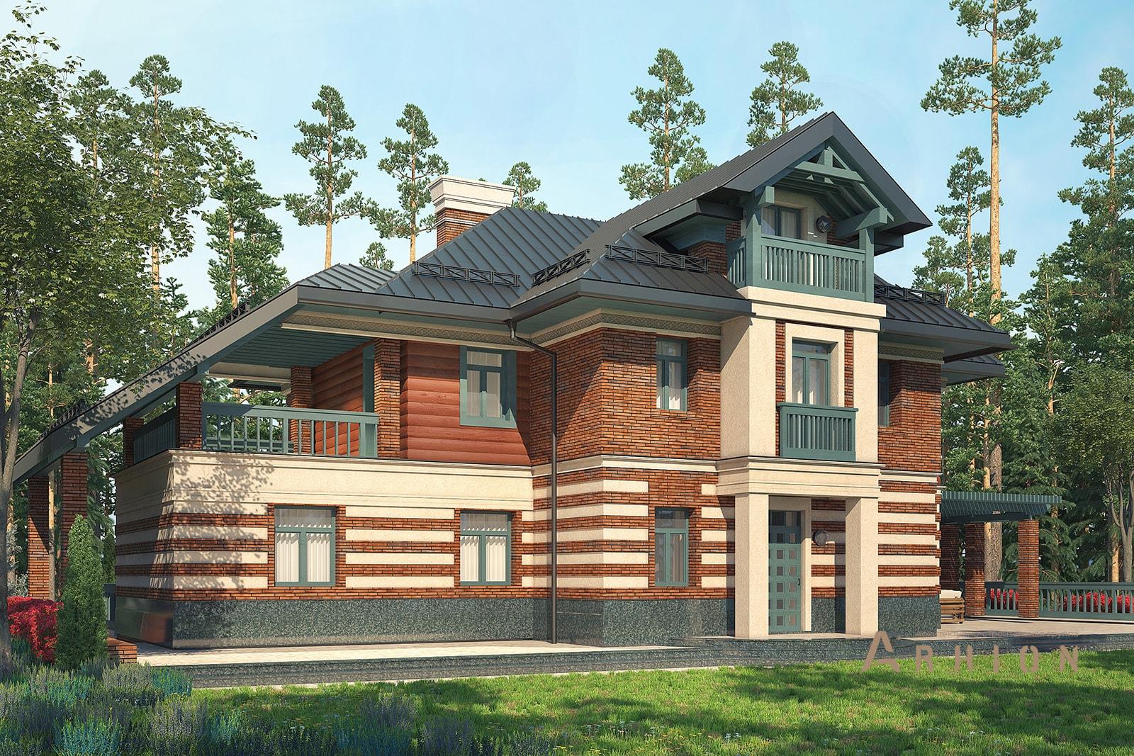 3. Проект двухэтажного дома в европейском стиле с многоскатной кровлей, av-513, площадью - 513 кв c цокольным этажом, мансардой, терассой, балконом, гаражом, эркером