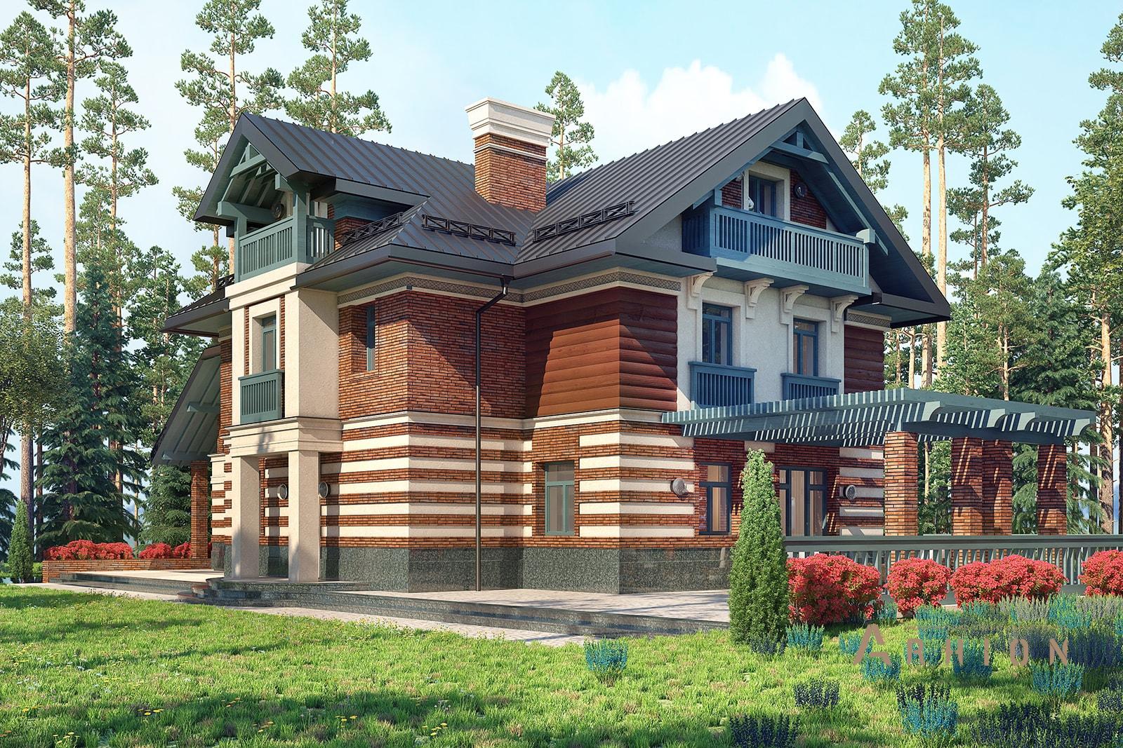 2. Проект двухэтажного дома в европейском стиле с многоскатной кровлей, av-513, площадью - 513 кв c цокольным этажом, мансардой, терассой, балконом, гаражом, эркером