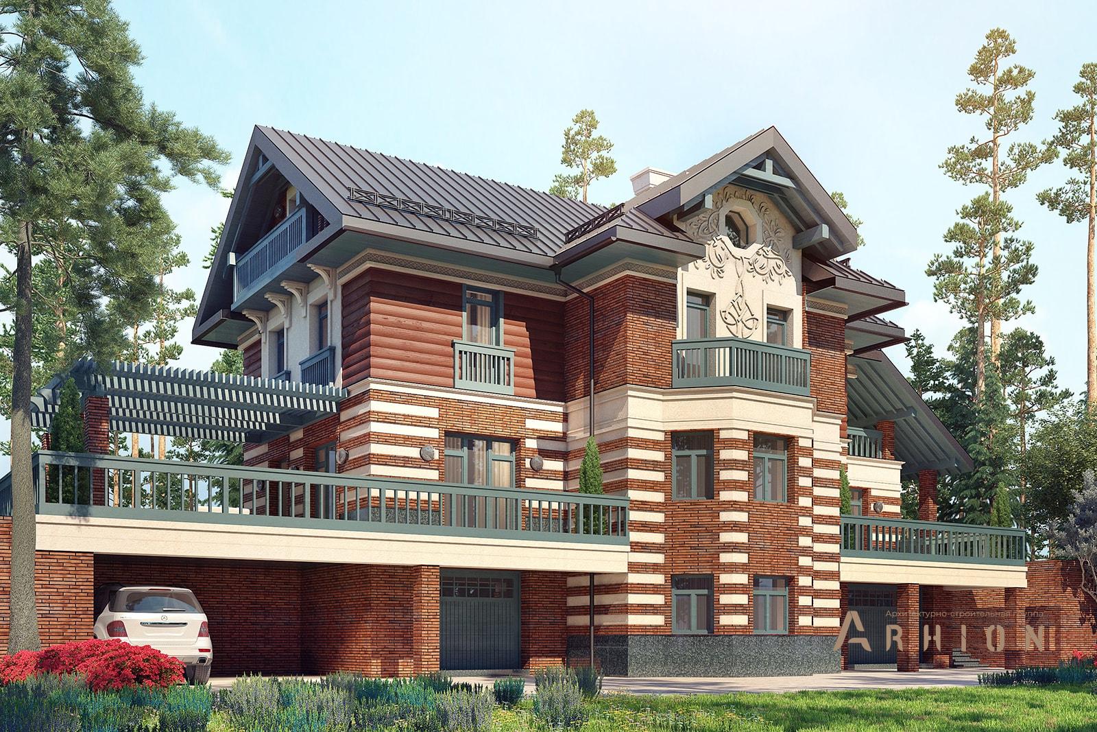 4. Проект двухэтажного дома в европейском стиле с многоскатной кровлей, av-513, площадью - 513 кв c цокольным этажом, мансардой, терассой, балконом, гаражом, эркером