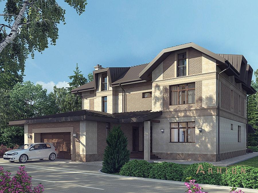 1. Проект двухэтажного дома в европейском стиле с четырехскатной, av-544, площадью - 544 кв c мансардой, терассой, гаражом, эркером