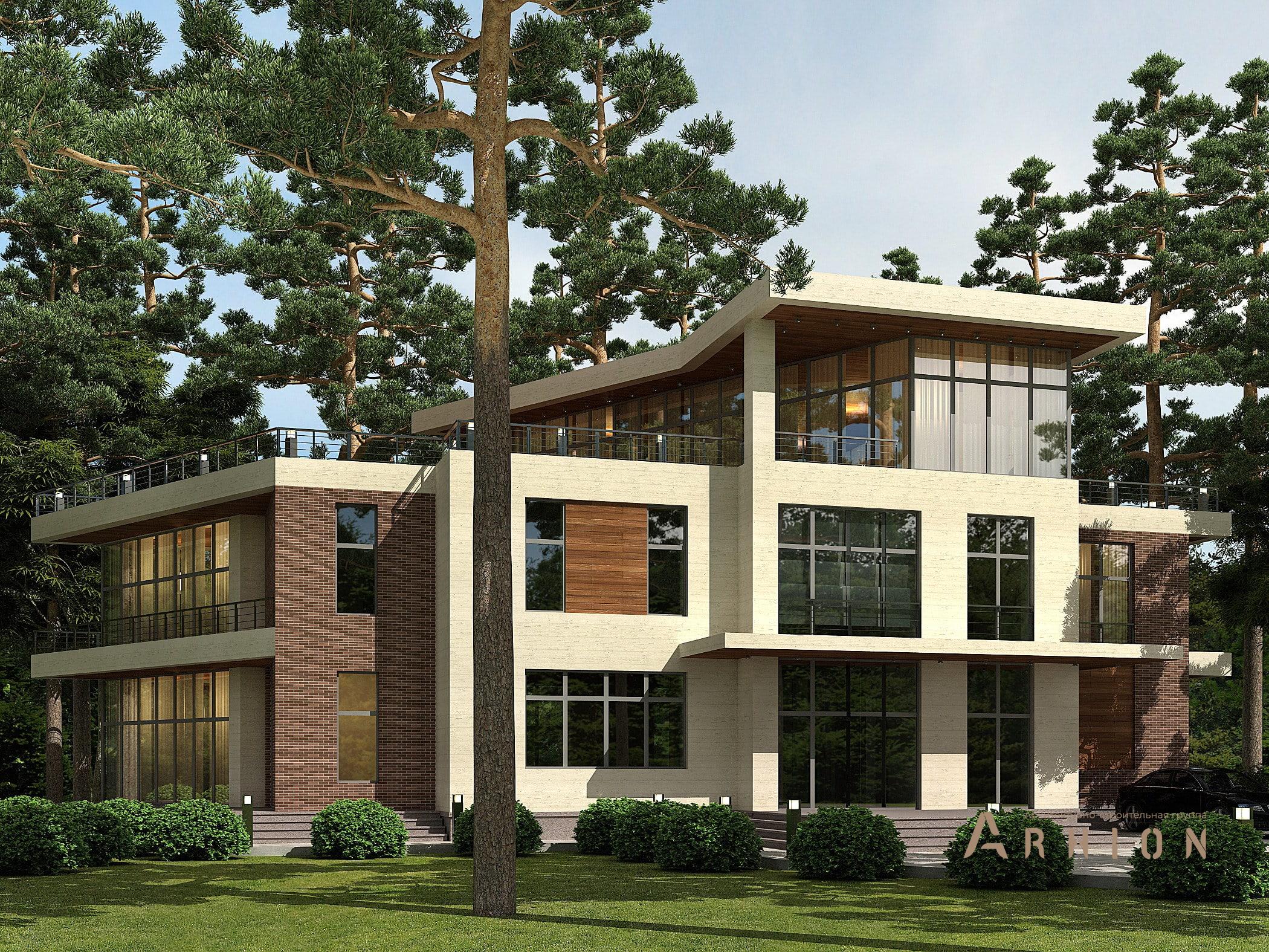 1. Проект трехэтажного дома в стиле хай-тек с плоской кровлей , av-550, площадью - 550 кв c цокольным этажом, терассой, балконом