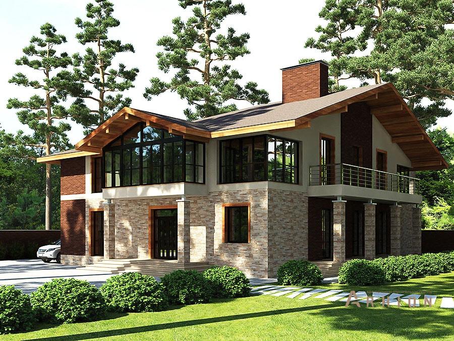 1. Проект двухэтажного дома в скандинавском стиле с многоскатной кровлей, av-590, площадью - 590 кв c терассой, балконом, гаражом