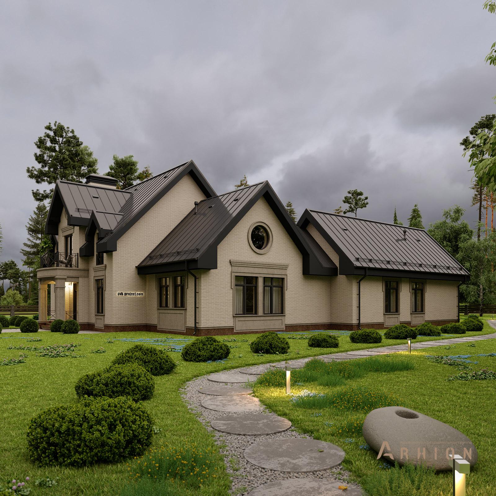 2. Проект одноэтажного дома в европейском стиле с двускатной кровлей, av-600, площадью - 342 кв c цокольным этажом, мансардой, терассой, балконом, бассейном, вторым светом