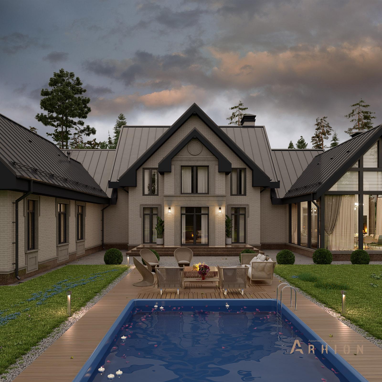 4. Проект одноэтажного дома в европейском стиле с двускатной кровлей, av-600, площадью - 342 кв c цокольным этажом, мансардой, терассой, балконом, бассейном, вторым светом