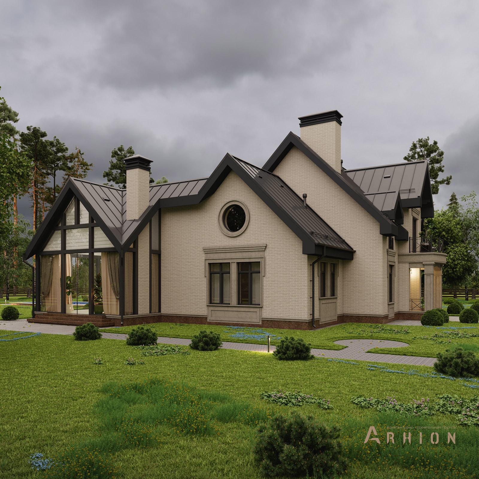 5. Проект одноэтажного дома в европейском стиле с двускатной кровлей, av-600, площадью - 342 кв c цокольным этажом, мансардой, терассой, балконом, бассейном, вторым светом