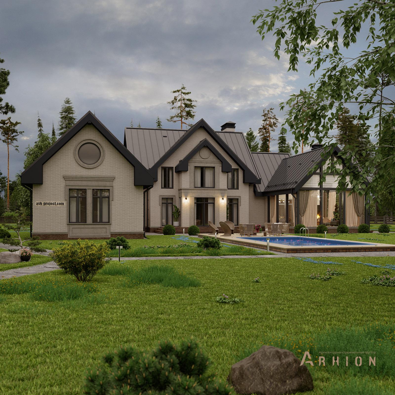 7. Проект одноэтажного дома в европейском стиле с двускатной кровлей, av-600, площадью - 342 кв c цокольным этажом, мансардой, терассой, балконом, бассейном, вторым светом