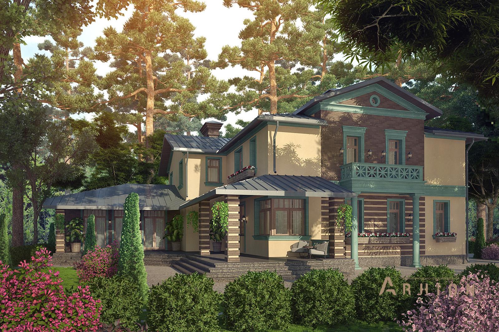 3. Проект двухэтажного дома в прованском стиле с двускатной кровлей, av-606, площадью - 606 кв c цокольным этажом, сауной, терассой, балконом, бассейном