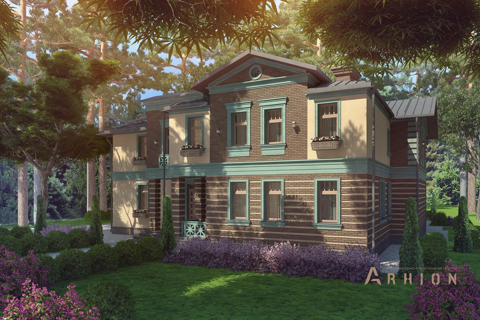 1. Проект двухэтажного дома в прованском стиле с двускатной кровлей, av-606, площадью - 606 кв c цокольным этажом, сауной, терассой, балконом, бассейном