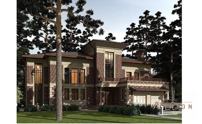 6. Проект двухэтажного дома в европейском стиле с четырехскатной, av-619, площадью - 619 кв c цокольным этажом, мансардой, терассой, балконом, гаражом, эркером, вторым светом