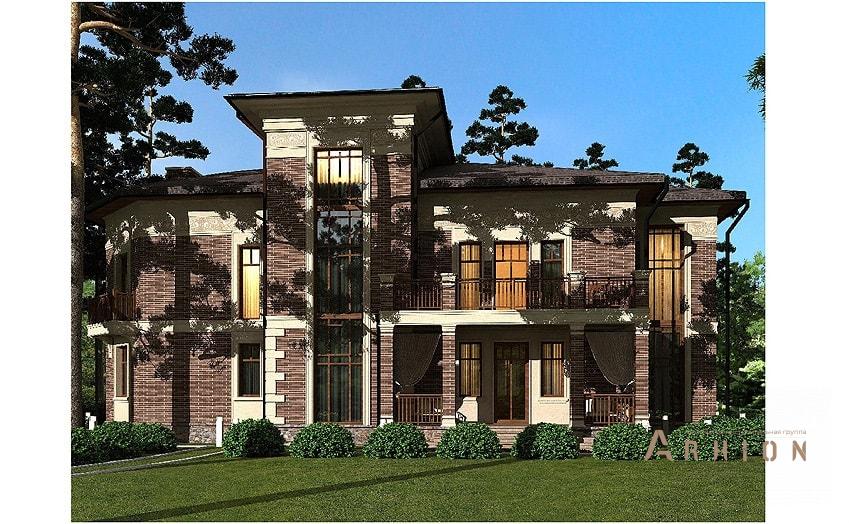 8. Проект двухэтажного дома в европейском стиле с четырехскатной, av-619, площадью - 619 кв c цокольным этажом, мансардой, терассой, балконом, гаражом, эркером, вторым светом