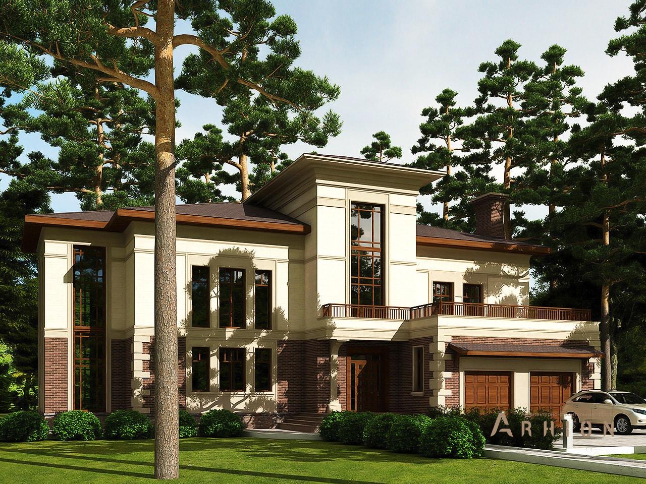 2. Проект двухэтажного дома в европейском стиле с четырехскатной, av-619, площадью - 619 кв c цокольным этажом, мансардой, терассой, балконом, гаражом, эркером, вторым светом