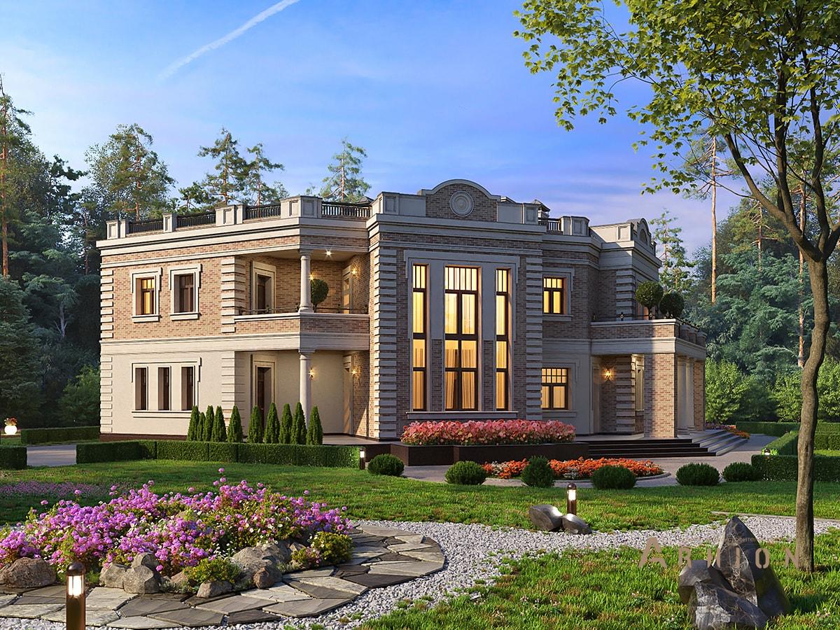 1. Проект двухэтажного дома в дворцовом стиле с плоской кровлей , av-630, площадью - 447 кв c сауной, терассой, балконом, гаражом, эркером, вторым светом