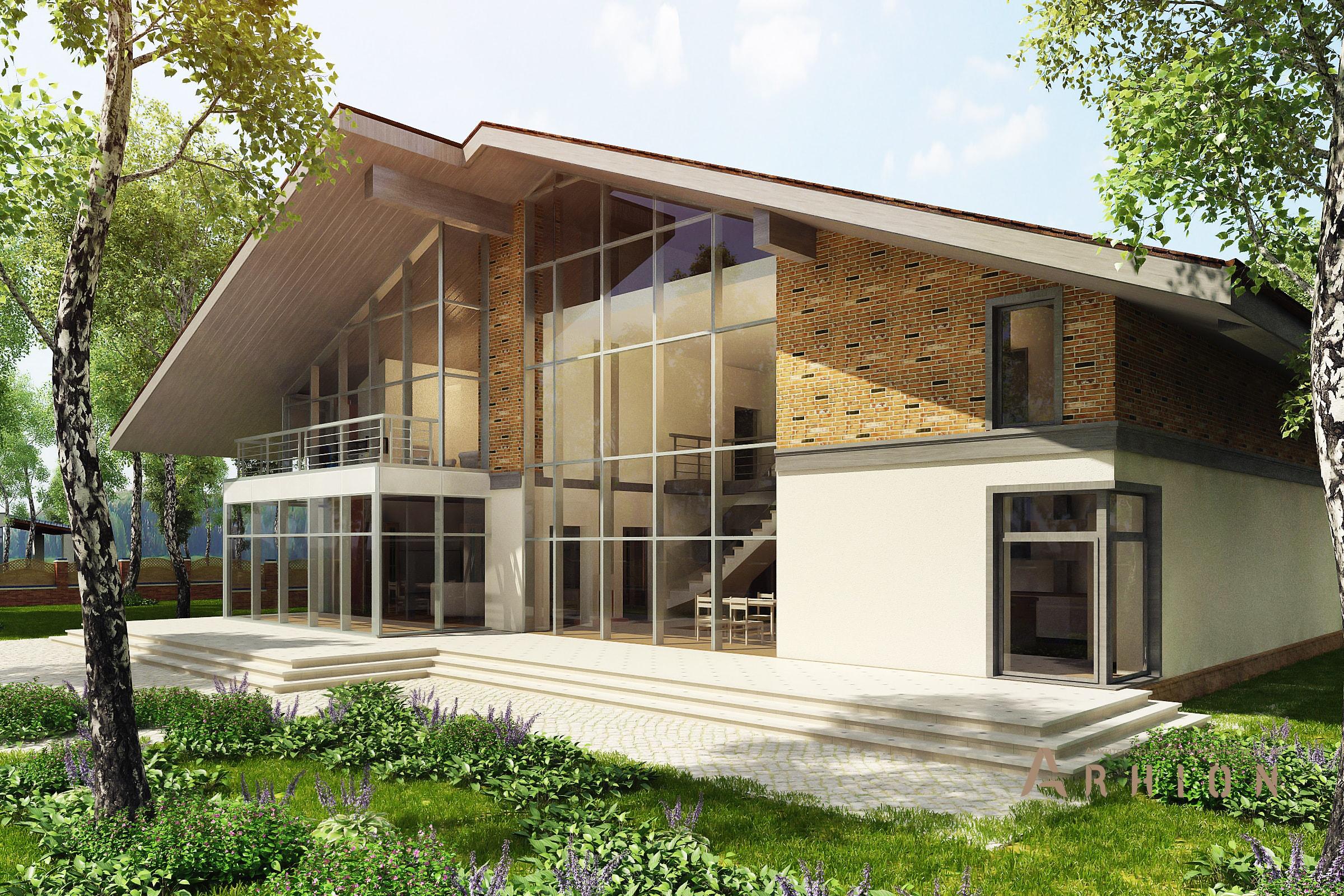 1. Проект двухэтажного дома в стиле шале с двускатной кровлей, av-650, площадью - 650 кв c цокольным этажом, мансардой, сауной, терассой, балконом, гаражом, эркером, вторым светом