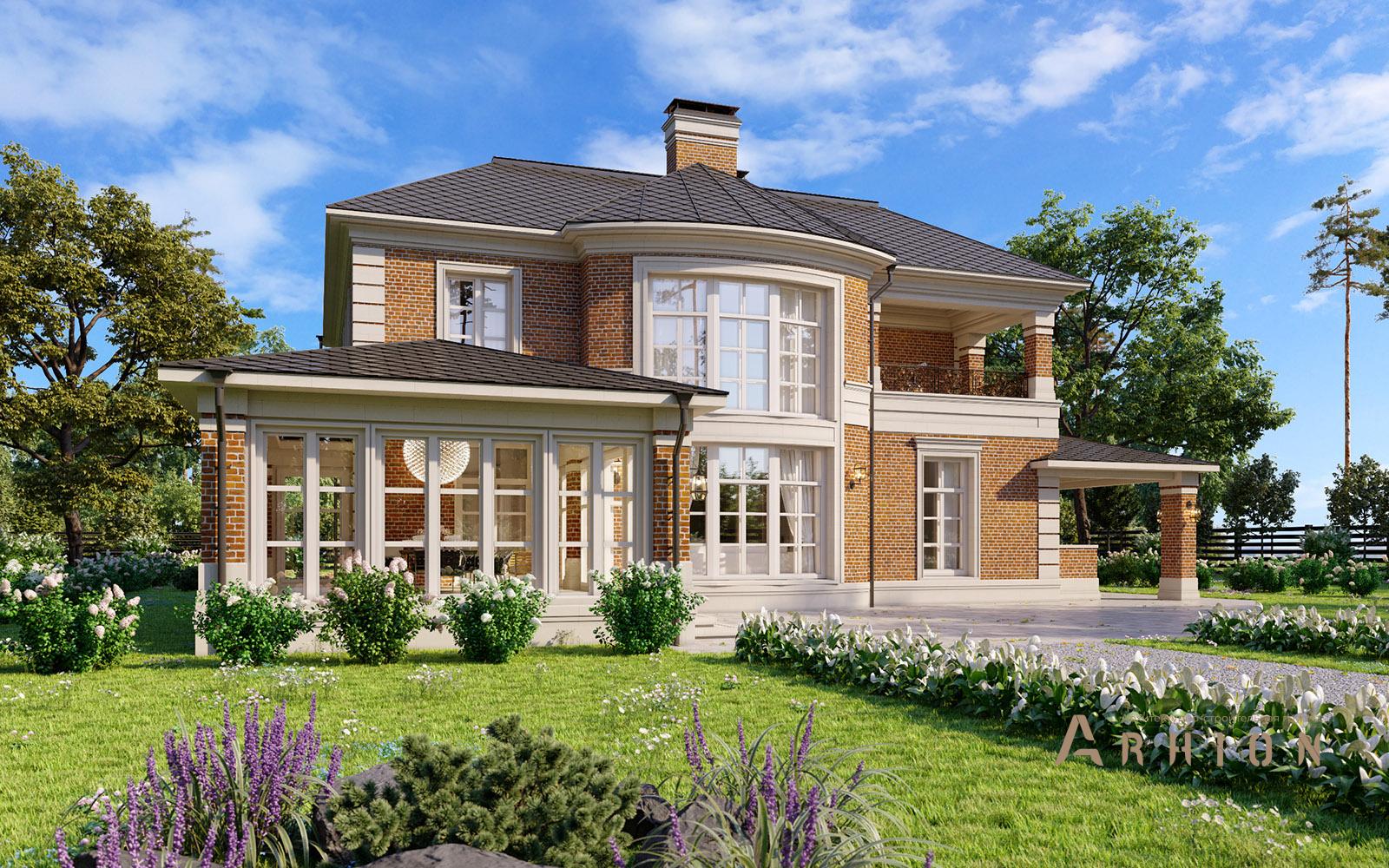 7. Проект двухэтажного дома в классическом стиле с многоскатной кровлей, av-659, площадью - 452 кв c цокольным этажом, терассой, гаражом, эркером