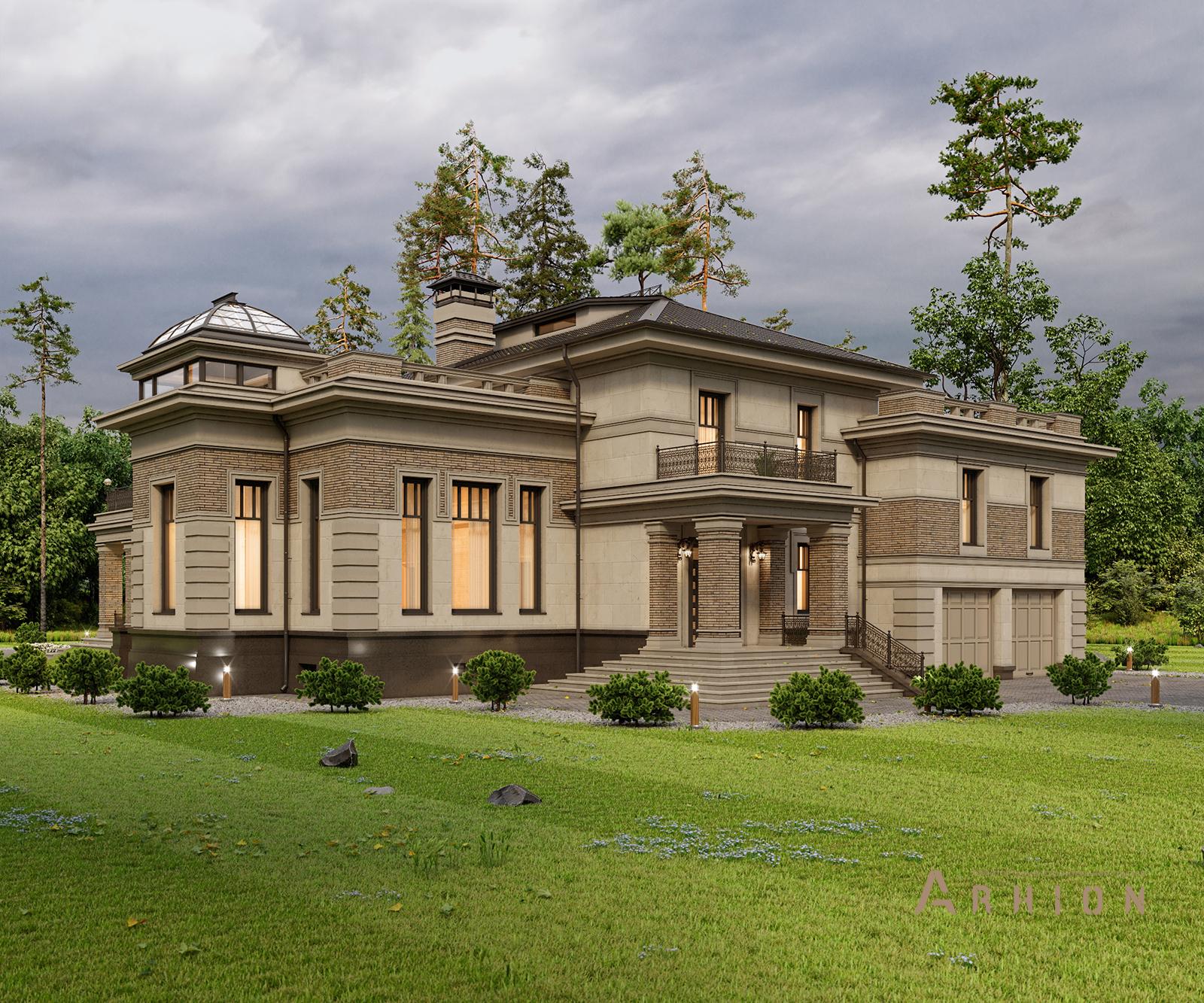 7. Проект двухэтажного дома в классическом стиле с многоскатной кровлей, av-670, площадью - 673 кв c цокольным этажом, терассой, балконом, гаражом, вторым светом