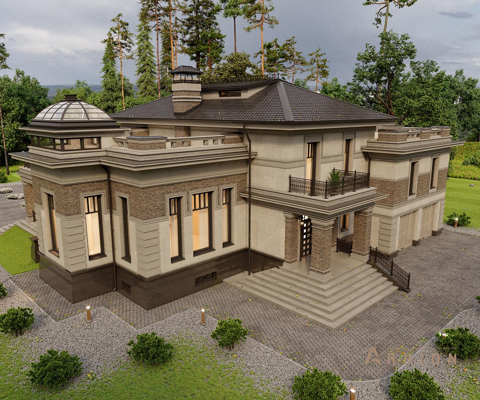 1. Проект двухэтажного дома в классическом стиле с многоскатной кровлей, av-670, площадью - 673 кв c цокольным этажом, терассой, балконом, гаражом, вторым светом