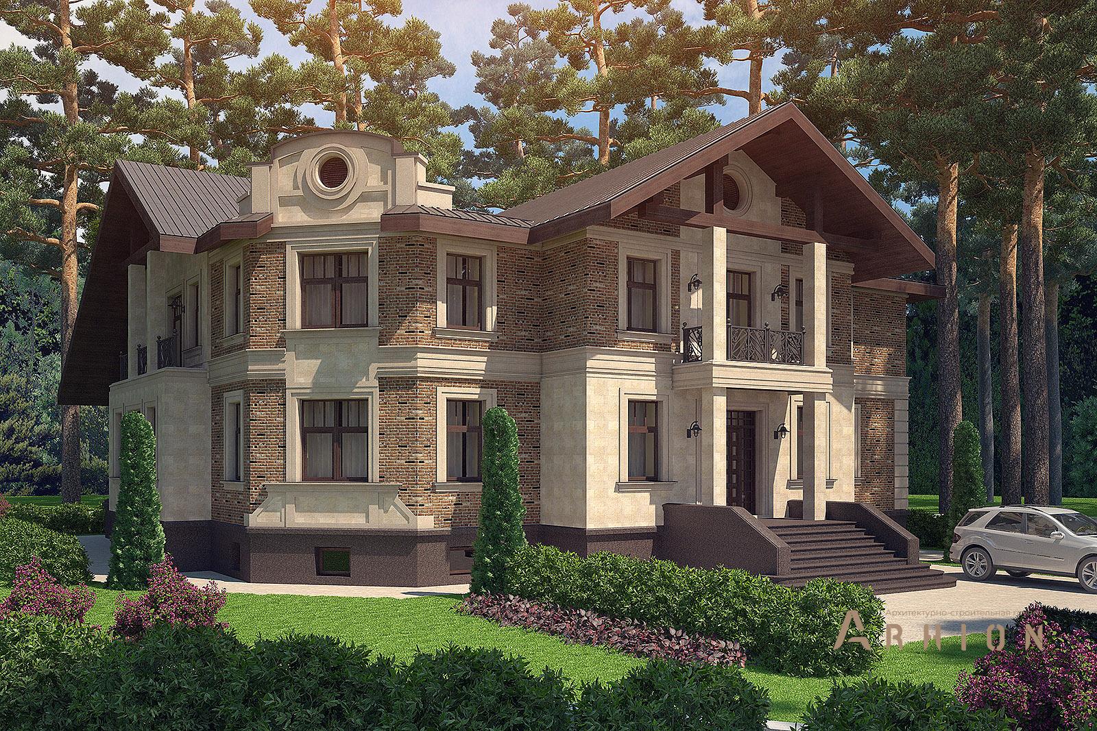 6. Проект двухэтажного дома в европейском стиле с двускатной кровлей, av-950, площадью - 956 кв c цокольным этажом, мансардой, балконом, эркером