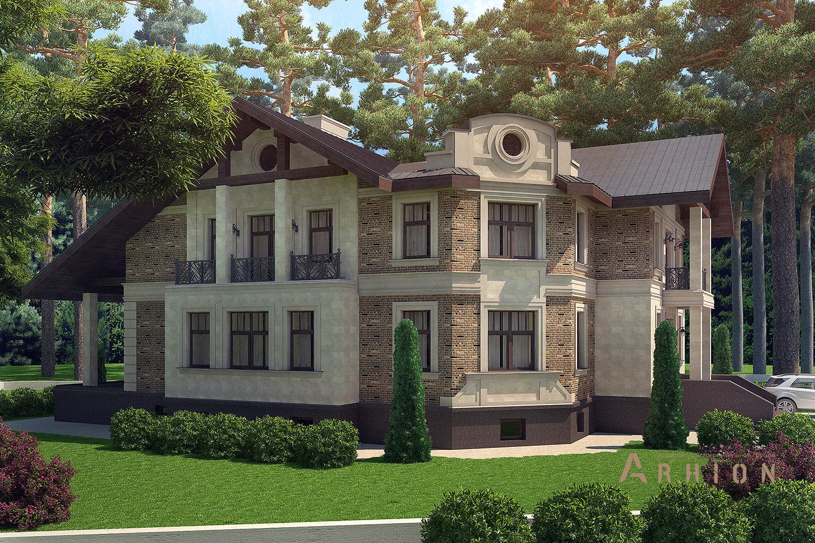 2. Проект двухэтажного дома в европейском стиле с двускатной кровлей, av-950, площадью - 956 кв c цокольным этажом, мансардой, балконом, эркером