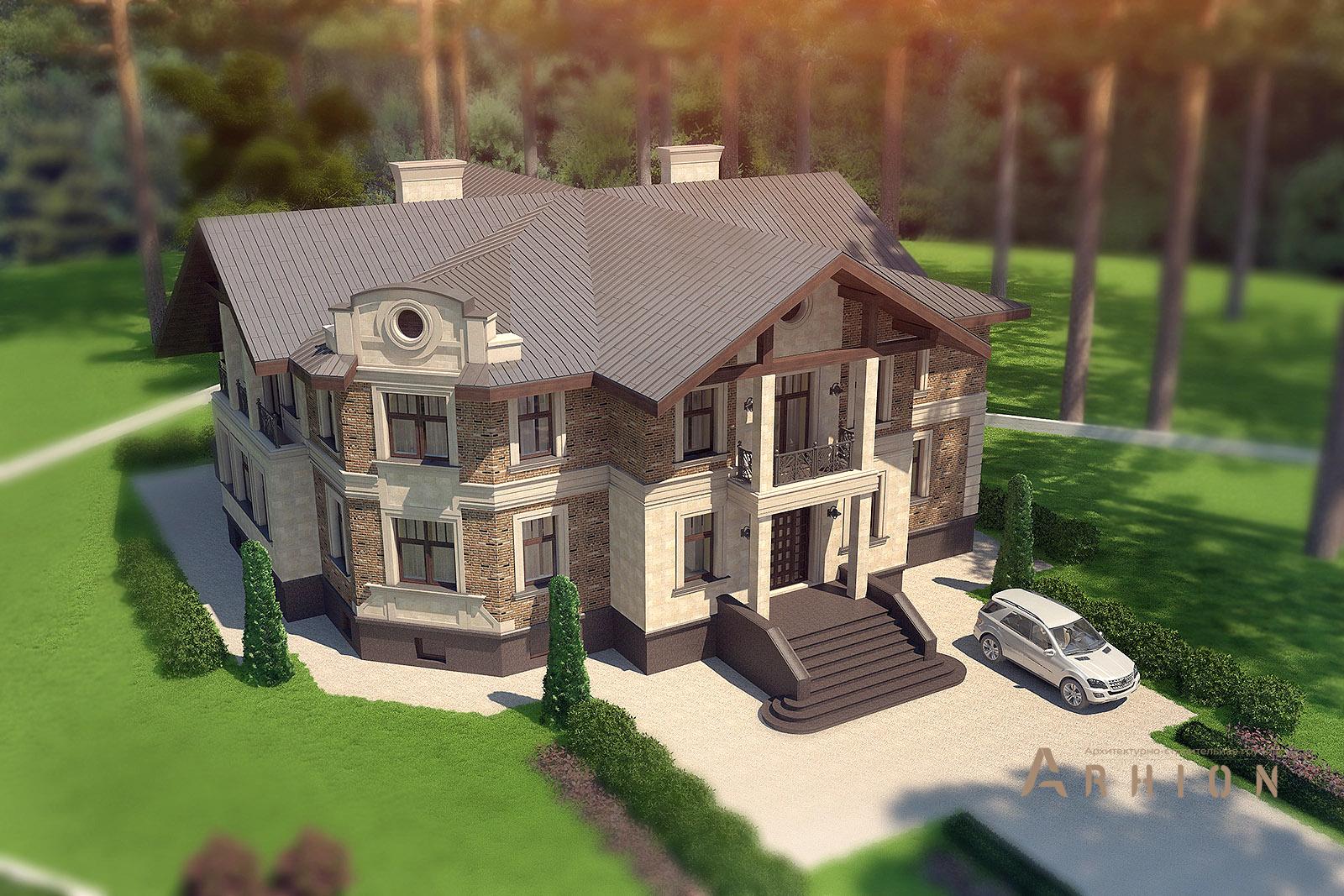 5. Проект двухэтажного дома в европейском стиле с двускатной кровлей, av-950, площадью - 956 кв c цокольным этажом, мансардой, балконом, эркером