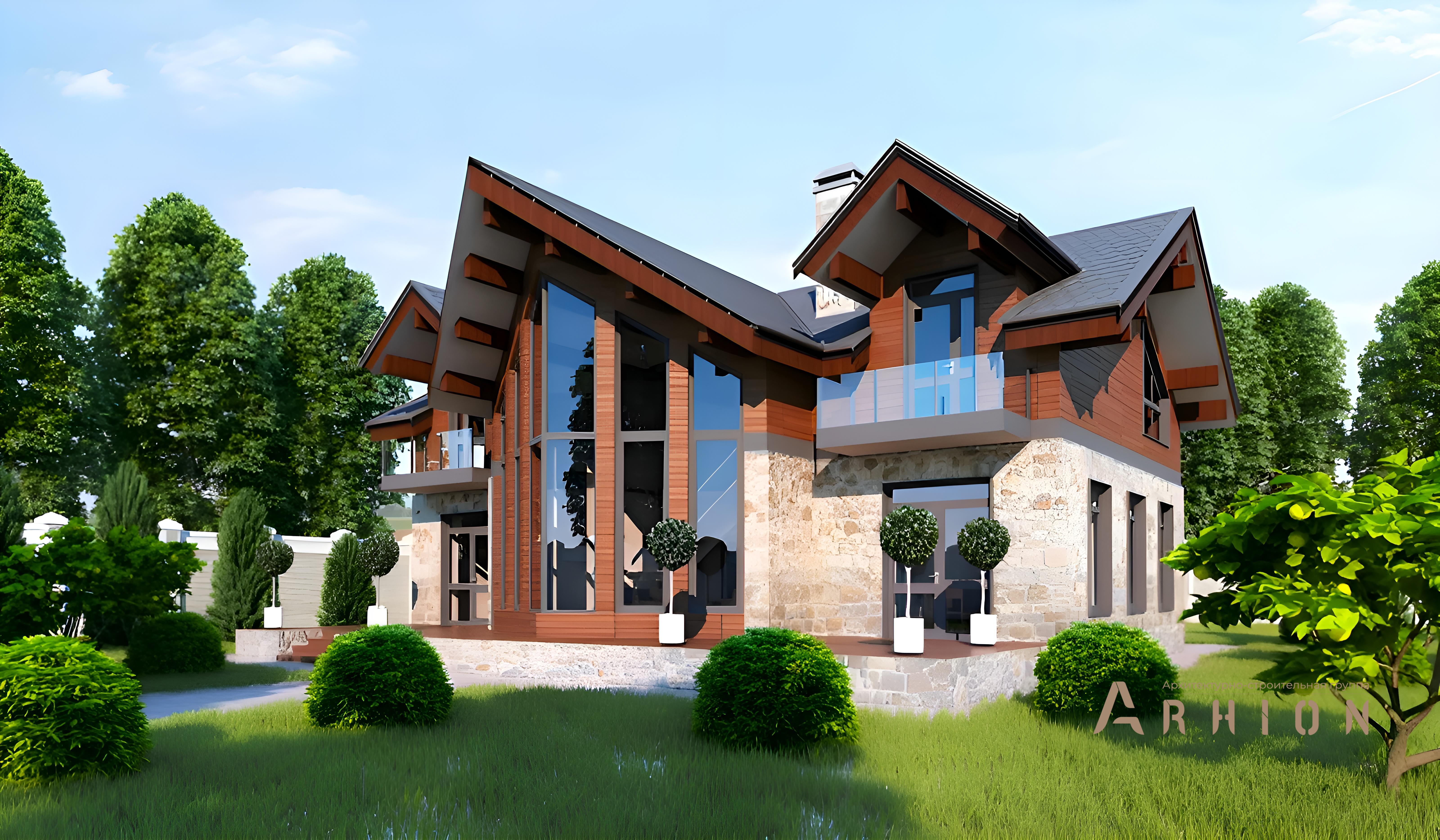 1. Проект одноэтажного дома в скандинавском стиле с многоскатной кровлей, BA-153, площадью - 200 кв c мансардой, терассой, балконом