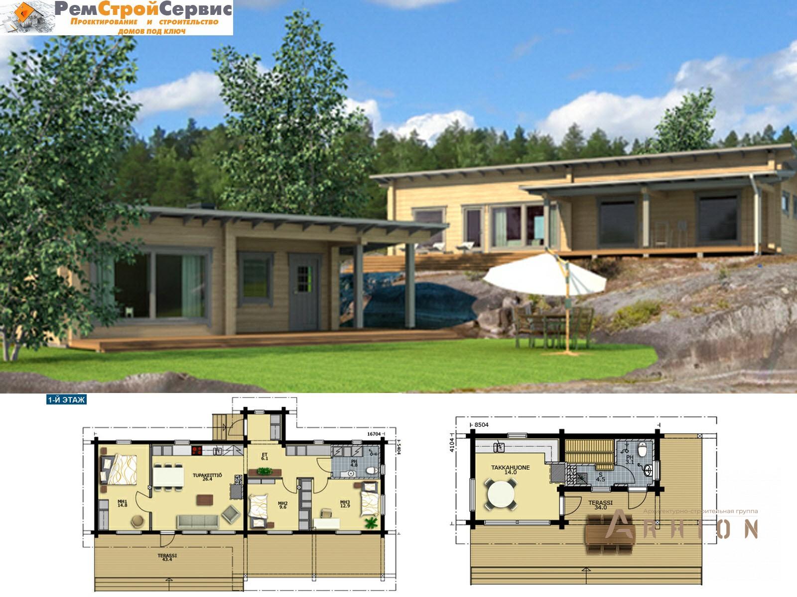1. Проект одноэтажного дома в современном стиле с плоской кровлей , BA-451, площадью - 94 кв c сауной, терассой