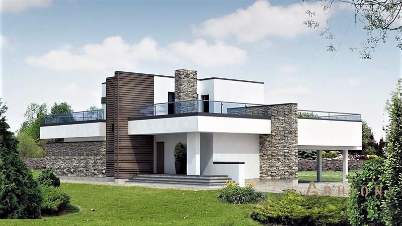 1. Проект двухэтажного дома в стиле лофт с плоской кровлей , BA-603, площадью - 154 кв c терассой, балконом, гаражом