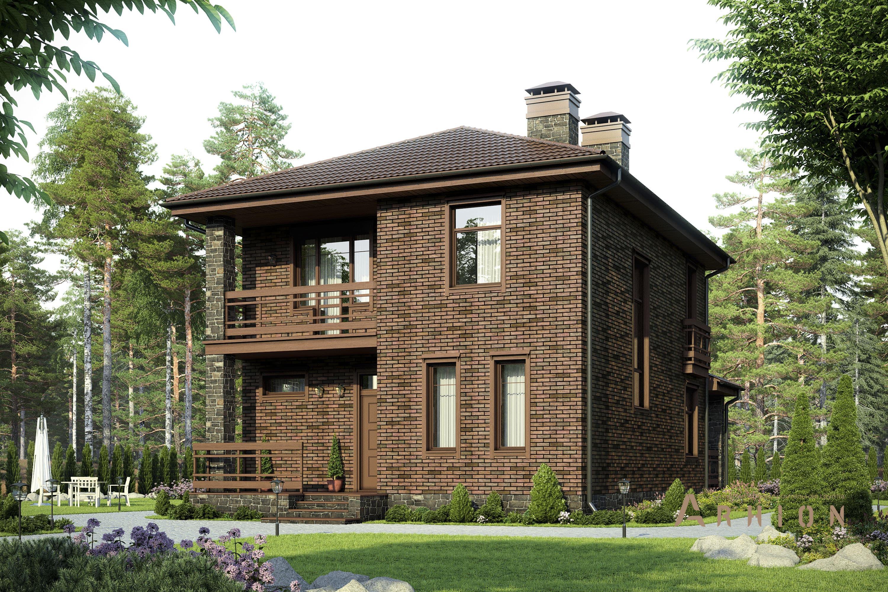 1. Проект двухэтажного дома в современном стиле с четырехскатной, br-116, площадью - 118 кв c терассой, балконом