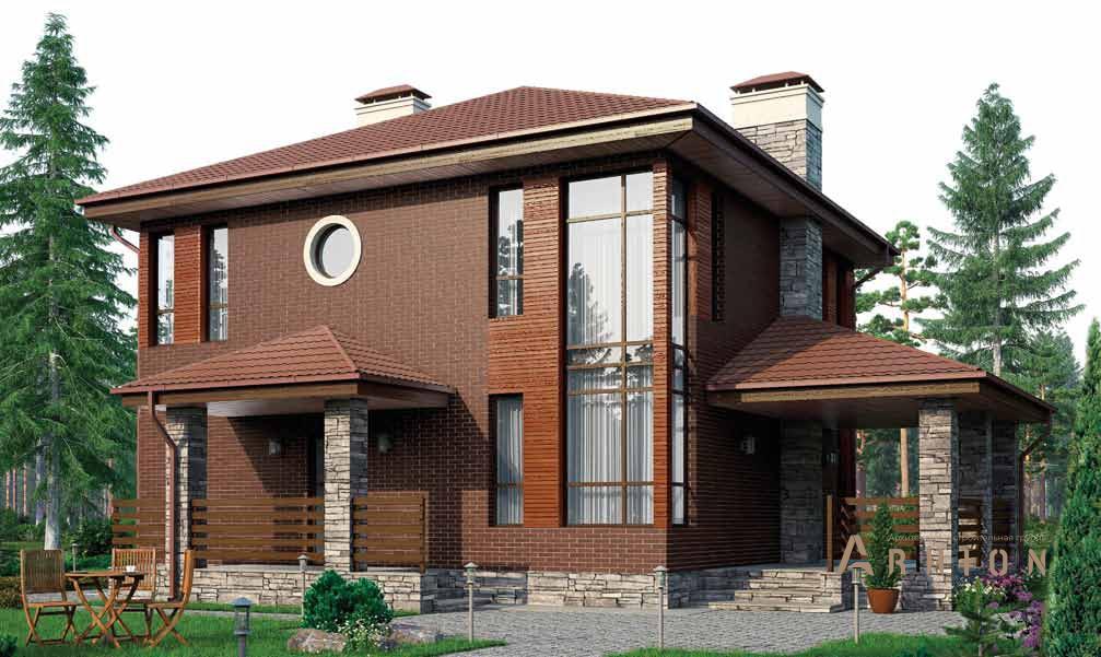 1. Проект двухэтажного дома в современном стиле с четырехскатной, BR-144, площадью - 142 кв c сауной, терассой