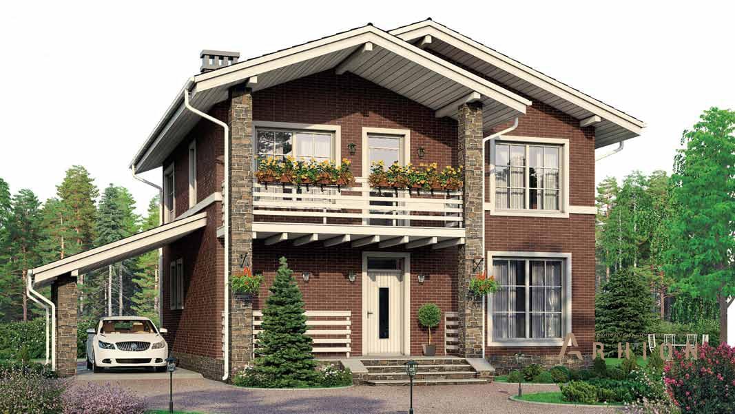 1. Проект двухэтажного дома в финском стиле с двускатной кровлей, BR-148, площадью - 158 кв c терассой, балконом, гаражом