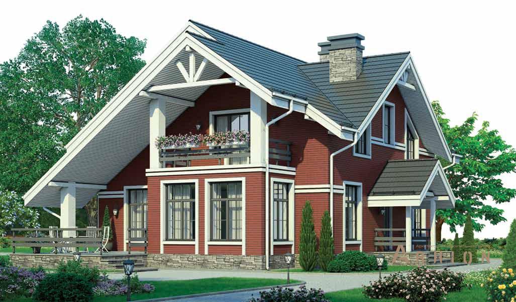 1. Проект одноэтажного дома в финском стиле с многоскатной кровлей, BR-166, площадью - 177 кв c мансардой, сауной, терассой, балконом