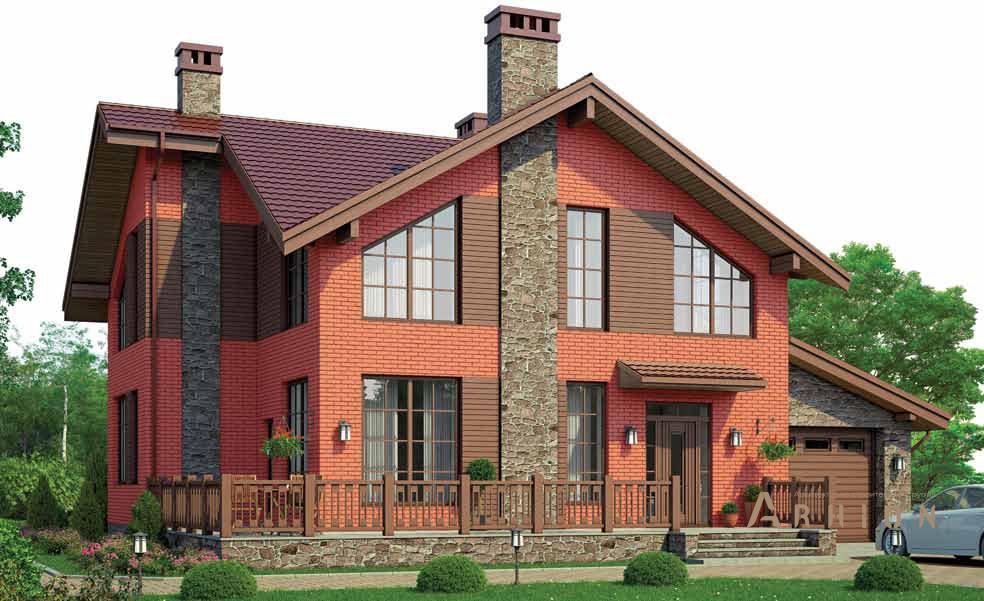 1. Проект одноэтажного дома в скандинавском стиле с многоскатной кровлей, BR-167, площадью - 168 кв c мансардой, терассой, балконом, гаражом