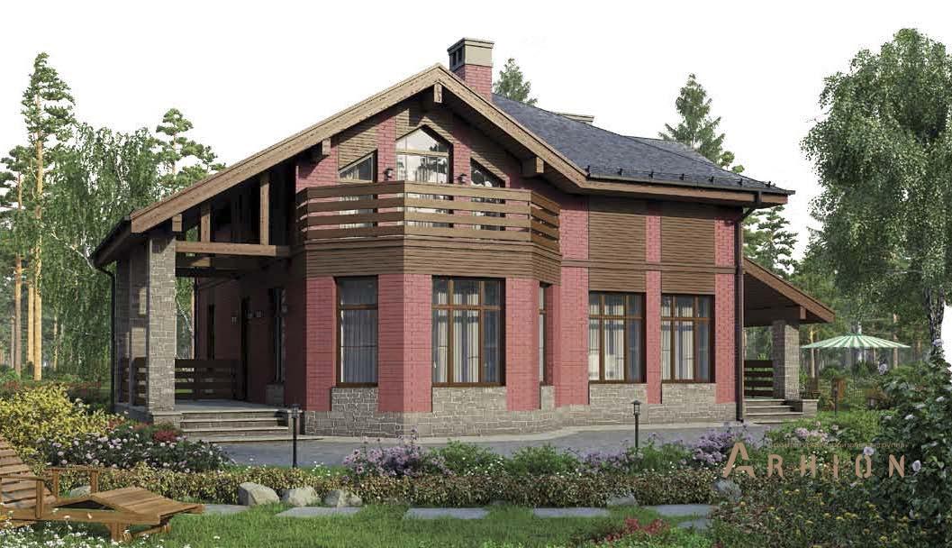 1. Проект одноэтажного дома в скандинавском стиле с многоскатной кровлей, BR-173, площадью - 172 кв c мансардой, терассой, балконом