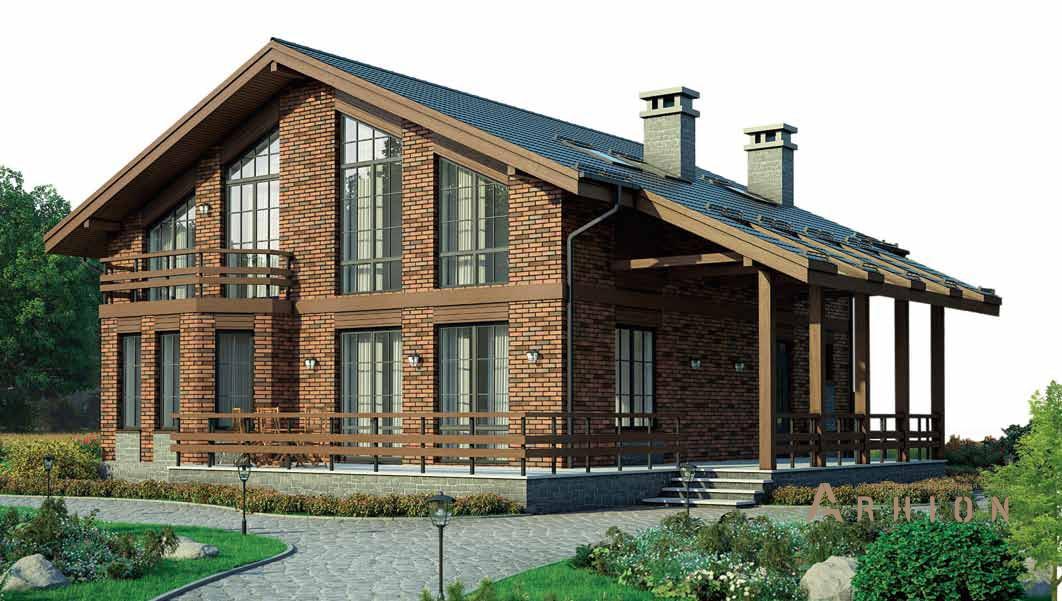 1. Проект одноэтажного дома в стиле шале с двускатной кровлей, BR-179, площадью - 186 кв c мансардой, терассой, балконом, эркером, вторым светом