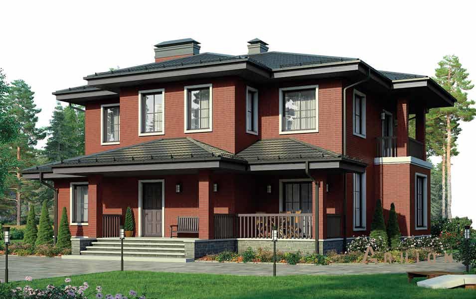 1. Проект двухэтажного дома в современном стиле с многоскатной кровлей, BR-186, площадью - 192 кв c терассой, балконом