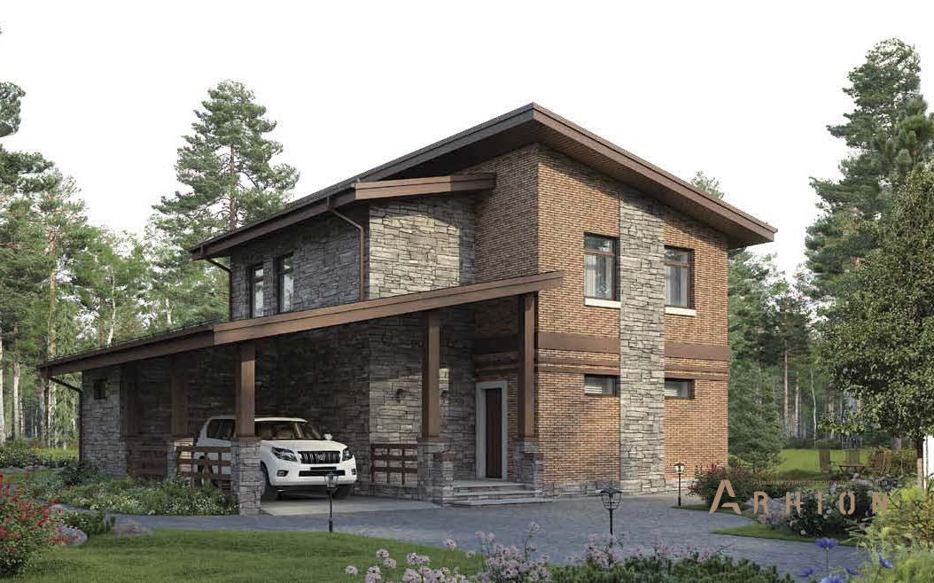 1. Проект двухэтажного дома в европейском стиле с односкатной кровлей, BR-189, площадью - 128 кв c терассой, гаражом