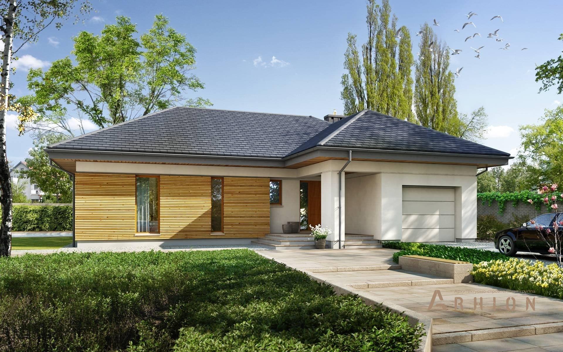 2. Проект одноэтажного дома в современном стиле с плоской кровлей , BY-1, площадью - 160 кв c терассой, гаражом