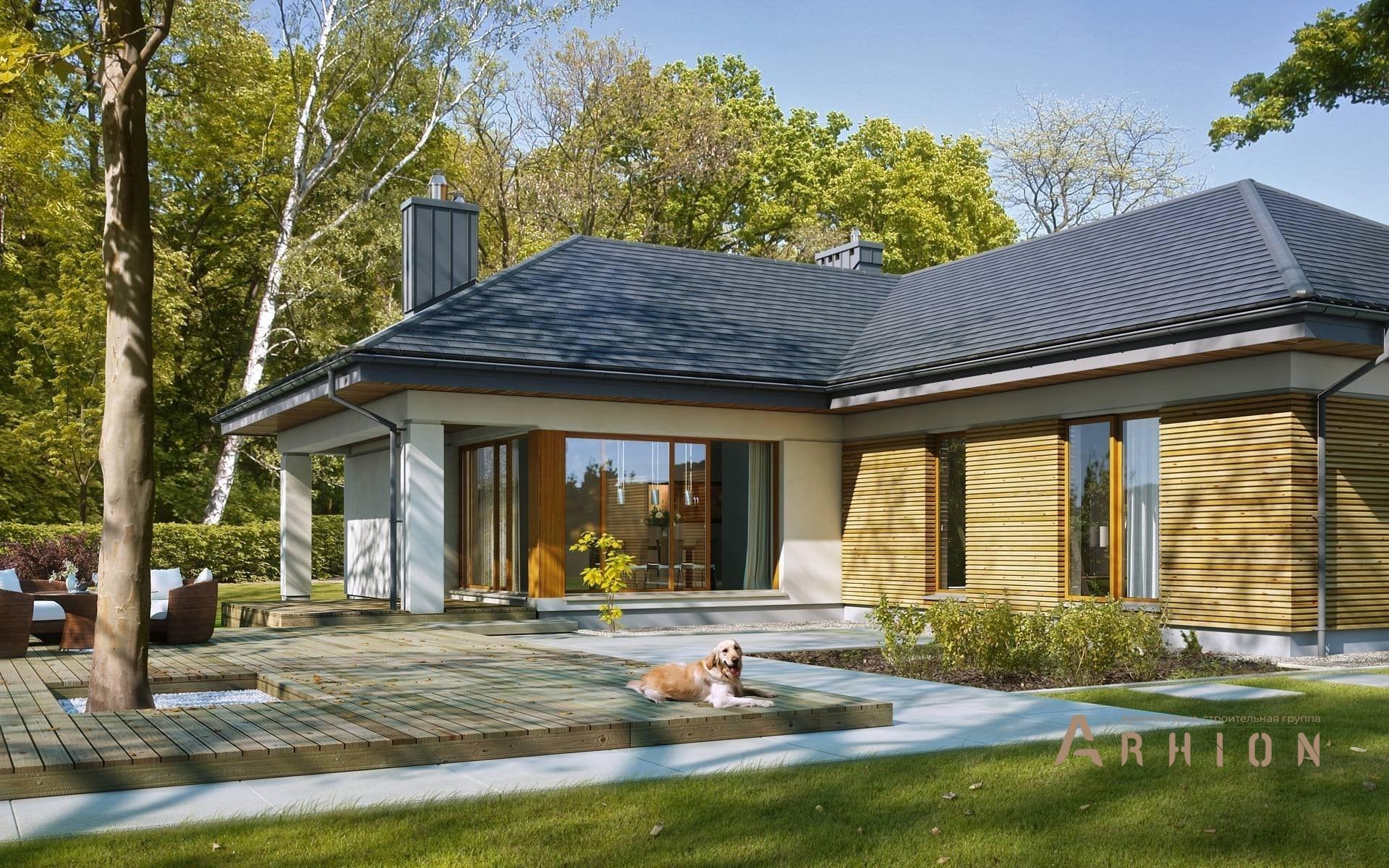 1. Проект одноэтажного дома в современном стиле с плоской кровлей , BY-1, площадью - 160 кв c терассой, гаражом