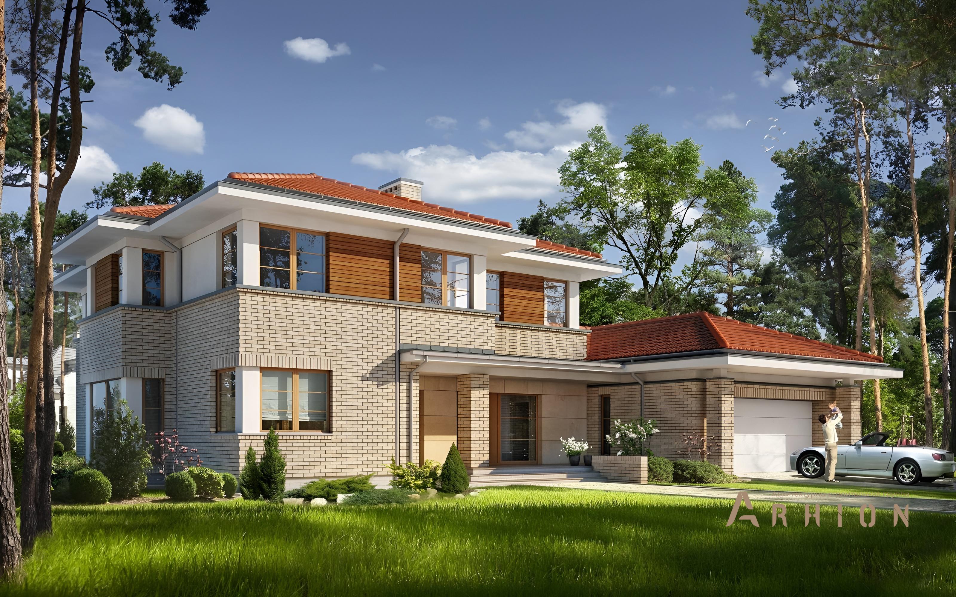 1. Проект двухэтажного дома в стиле Ллойда Райта (прерий) с четырехскатной, BY-12, площадью - 252 кв c балконом, гаражом