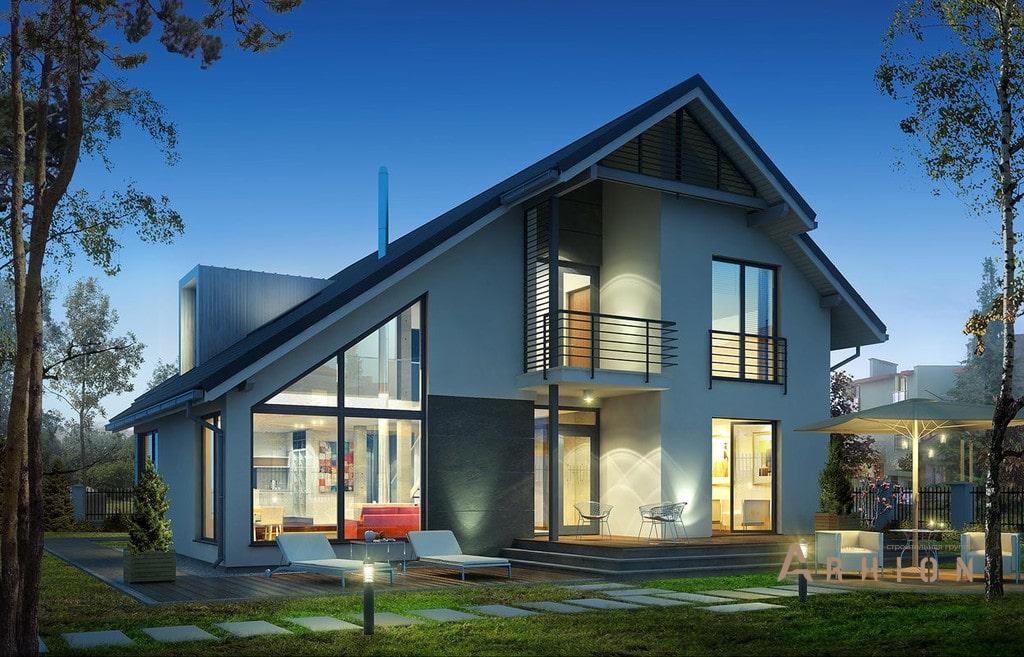 1. Проект одноэтажного дома в стиле шале с двускатной кровлей, BY-16, площадью - 199 кв c мансардой, терассой, балконом, гаражом, эркером, вторым светом